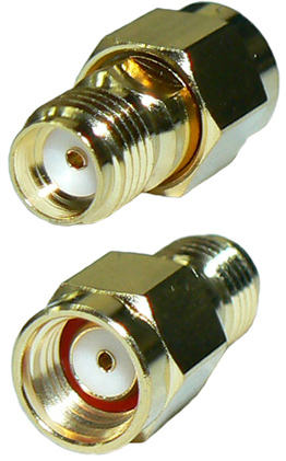 SMA female to reverse polarity SMA male straight coaxial intra-series adaptor, DC-18 GHz, 50 Ohms – gold plated